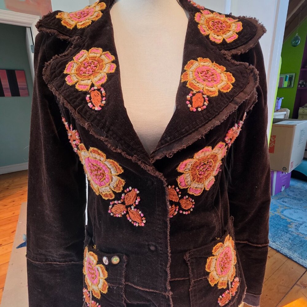 Johnny Was Joystick Floral Embroidered Corduroy Jacket Hand-Stitched L Anthropol